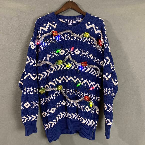GAP‎ Chunky Knit Holiday Light Up Sweater Ugly Christmas 1986-2016 Blue & White - Picture 2 of 10